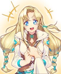1girl blonde_hair blony_(mabinogi) blue_eyes holding_hands looking_at_viewer mabinogi pov pov_hands rian_(bdl) robe simple_background smile