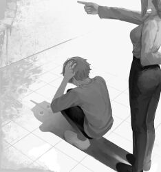 1boy 1girl absurdres arm_behind_back blood chainsaw_man denji_(chainsaw_man) finger_gun greyscale highres makima_(chainsaw_man) monochrome outstretched_arm pants pochita_(chainsaw_man) seki_31_(artist) shadow shirt short_hair squatting standing tile_floor tiles