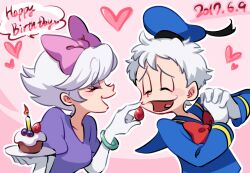 1boy 1girl bow bracelet daisy_duck disney donald_duck gloves hair_bow hat humanization jewelry mickey_mouse_&amp;_friends open_mouth personification puffy_short_sleeves puffy_sleeves shirt short_hair short_sleeves smile tomatok0 white_hair