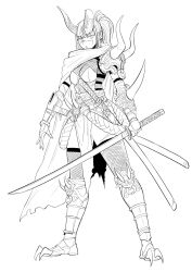 Rule 34 | 1girl, armor, belt, breasts, broken horn, cape, cleavage, closed mouth, demon girl, earrings, fingerless gloves, fishnet top, fishnets, full body, gauntlets, gegegekman, gloves, greaves, highres, holding, holding sword, holding weapon, horns, japanese armor, japanese clothes, jewelry, katana, looking at viewer, medium breasts, monochrome, oni horns, original, pelvic curtain, ponytail, scar, scar across eye, scar on arm, scar on face, scar on leg, scar on nose, sheath, sheathed, shoulder spikes, sidelocks, slit pupils, solo, spiked kneepads, spikes, sword, thighhighs, torn cape, torn clothes, weapon