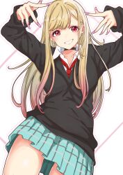 1girl barbell_piercing black_choker black_sweater blonde_hair blue_skirt choker collarbone collared_shirt colored_tips cowboy_shot ear_piercing fake_nails gluteal_fold grin gyaru hair_behind_ear hands_up highres kitagawa_marin long_hair long_sleeves looking_at_viewer miniskirt mono9ron multicolored_hair necktie piercing pink_eyes pink_nails plaid_clothes plaid_skirt pleated_skirt red_necktie shirt skirt smile solo sono_bisque_doll_wa_koi_wo_suru sweater white_shirt winter_uniform