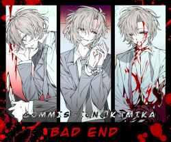 1boy blood blood_on_clothes blood_on_face blood_on_hands blood_splatter bound bound_wrists business_suit crazy_smile cuffs death dying empty_eyes english_text evil_grin evil_smile formal_clothes grey_eyes grey_hair grey_sleeves grin hair_between_eyes handcuffs holding holding_knife holding_weapon injury jacket kamika knife lineart long_sleeves looking_at_viewer looking_to_the_side male_focus messy_hair multiple_views necktie nervous open_collar original pain parted_bangs scared shirt short_hair simple_background sketch smile smirk suit sweat triptych_(art) weapon white_background white_shirt wince