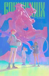 Rule 34 | 1boy, 2girls, amate yuzuriha, artist name, black hair, cable, character name, commentary, conch (gundam), english commentary, english text, full body, gquuuuuux, green eyes, green shirt, green skirt, group picture, gundam, gundam gquuuuuux, haro, heat hawk, highres, kneeling, long hair, machinery, mecha, miniskirt, mobile suit, multiple girls, non-humanoid robot, nyaan (gundam gquuuuuux), pet, pleated skirt, qosic, red hair, robot, science fiction, shirt, short hair, shuji ito, skirt, title, v-fin, walker (robot)