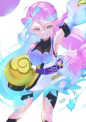 1girl arm_up armpits artist_name blue_hair bow-shaped_hair creatures_(company) detached_sleeves game_freak hair_between_eyes highres iono_(pokemon) iono_(sygna_suit)_(pokemon) long_hair long_sleeves looking_at_viewer multicolored_hair nintendo official_alternate_costume pink_eyes pink_hair pokemon pokemon_masters_ex smile solo teeth tonbo_(tonbo63194) twintails two-tone_hair very_long_hair white_background wide_sleeves