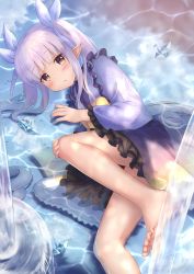 Rule 34 | 1girl, absurdres, barefoot, blush, brown eyes, closed mouth, feet, female focus, frilled kimono, frilled skirt, frills, hair ribbon, hand on own knee, highres, japanese clothes, kimono, knee up, kyoka (princess connect!), long hair, long sleeves, looking at viewer, lying, on side, origami, paper crane, pointy ears, princess connect!, purple hair, purple kimono, purple ribbon, purple skirt, ribbon, shallow water, skirt, soles, solo, twintails, water, yuririn poi