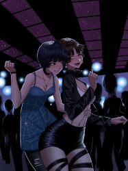 2girls absurdres bare_shoulders black_hair black_jacket black_shorts blunt_bangs blush bracelet breasts brown_hair chaosoded choker cleavage commission cowboy_shot crop_top dancing dress earrings green_dress hand_on_another&#039;s_waist highres indoors jacket jewelry looking_at_another medium_breasts midriff multiple_girls navel necklace niijima_makoto one_eye_closed open_clothes open_jacket open_mouth panda_earrings pantyhose parted_lips people persona persona_5 print_dress short_hair shorts smile spider_web_print takemi_tae tank_top torn_clothes torn_pantyhose white_tank_top