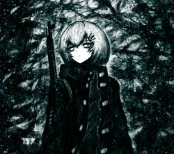 11e10 1girl bolt_action branch closed_mouth coat faux_traditional_media forest green_theme gun gun_on_back hair_between_eyes hair_ornament hairclip hashtag-only_commentary highres marie_(peripeteia) monochrome mosin-nagant nature no_pupils open_clothes open_coat outdoors peripeteia rifle short_hair snowing solo tree trench_coat triangle_button turning_head upper_body weapon weapon_on_back winter