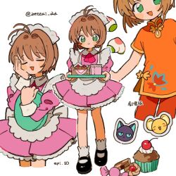 1girl :d alternate_costume antenna_hair black_shoes blush_stickers brown_hair cake candy cardcaptor_sakura checkerboard_cookie closed_eyes closed_mouth cookie cropped_legs cupcake dress enmaided food frilled_dress frills full_body green_eyes hand_on_own_face highres holding holding_tray kero_(cardcaptor_sakura) kinomoto_sakura looking_at_viewer maid multiple_views open_mouth orange_shirt pants pink_dress red_pants shirt shoes short_hair short_sleeves simple_background smile socks standing suppi tray twitter_username white_background white_socks zettai_22