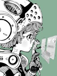 1girl acky_bright animal animal_on_hand artist_name collar gecko glasses gloves green_background helmet highres holographic_interface lizard messy_hair monochrome original profile reptile ribbed_gloves solo_focus