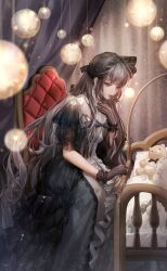 1girl artist_request black_bow black_bowtie black_dress black_gloves black_hair black_wrist_cuffs bow bowtie bracelet chair collared_dress cradle curtains downturned_eyes dress earrings feet_out_of_frame frilled_dress frilled_sleeves frills game_cg gloves gown grey_eyes hand_on_own_chest happy high_collar highres indoors jewelry lantern light_particles lilith_(shining_nikki) lipstick long_dress long_hair long_sidelocks looking_at_object makeup nikki_(series) official_art on_chair parted_lips puffy_short_sleeves puffy_sleeves red_lips shining_nikki short_sleeves sidelocks sitting smile solo stuffed_animal stuffed_toy sugary_lullaby_(shining_nikki) teddy_bear teeth very_long_hair waist_bow wavy_hair white_bow wrist_cuffs
