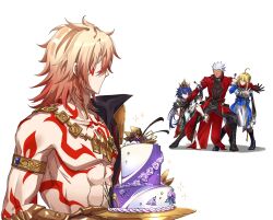 2boys 2girls archer_(fate) archer_(honkai:_star_rail)_(fate) artoria_pendragon_(fate) blonde_hair cake coat crossover dark-skinned_male dark_skin dress fate/stay_night fate/unlimited_blade_works fate_(series) food highres honkai:_star_rail honkai_(series) multiple_boys multiple_girls mydei_(honkai:_star_rail) red_coat saber_(fate) saber_(honkai:_star_rail)_(fate) simple_background topless_male white_hair yuka_(pixiv38407039)