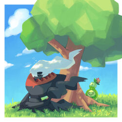 Rule 34 | against tree, border, budew, closed eyes, closed mouth, cloud, commentary request, darkrai, day, flower, gen 4 pokemon, grass, ishikoro1645, legendary pokemon, mythical pokemon, nintendo, no humans, outdoors, pokemon, pokemon (creature), pokemon focus, sitting, sky, sleeping, smile, squeans, tree, white border