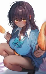 1girl absurdres black_hair black_skirt blue_archive blue_bow blue_bowtie blue_cardigan blue_nails blush bow bowtie breasts cardigan cleavage closed_mouth corn_dog dark-skinned_female dark_skin fingernails food gradient_hair hair_between_eyes halo highres holding holding_food karin_(blue_archive) karin_(school_uniform)_(blue_archive) large_breasts long_hair looking_at_viewer maru_ccy multicolored_hair nail_polish purple_hair school_uniform shirt simple_background skirt solo squatting v-shaped_eyebrows very_long_hair white_background white_shirt yellow_eyes