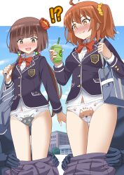 Rule 34 | !?, 2girls, 2others, absurdres, ahoge, animal print, arm at side, assisted exposure, bag, blazer, blue sky, blunt bangs, blunt ends, blush, bow, bowtie, breasts, bright pupils, brown eyes, brown hair, cat panties, cat print, cat print panties, closed mouth, clothes pull, clothes writing, collared shirt, commentary request, crotch seam, cup, day, disposable cup, dog panties, dog print, drinking straw, emblem, fate/grand order, fate (series), feet out of frame, front-print panties, fujimaru ritsuka (female), hair ornament, hair scrunchie, hand up, hands up, highres, holding, holding cup, holding strap, humiliation, jacket, komahime (fate), large breasts, large variant set, letterboxed, long hair, long sleeves, looking down, low twintails, medium hair, multiple girls, multiple others, nose blush, one side up, open mouth, orange eyes, orange hair, outdoors, outside border, panties, pantsing, panty writing, paw panties, paw print, pleated skirt, print panties, pulling another&#039;s clothes, purple jacket, purple skirt, red bow, red bowtie, school bag, school uniform, scrunchie, shimouki izui, shirt, skirt, skirt pull, sky, small breasts, smile, sphere hair ornament, split mouth, standing, surprised, twintails, underwear, variant set, wavy mouth, white panties, white pupils, white shirt, wing collar, yellow scrunchie