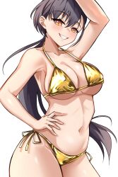 Rule 34 | 1girl, alternate costume, arm up, bare shoulders, bikini, breasts, cleavage, commentary, contrapposto, cowboy shot, gold bikini, grey hair, grin, hair between eyes, halterneck, hand on own hip, highres, ixianim, katsuragi izumi, large breasts, link! like! love live!, looking at viewer, love live!, navel, orange eyes, side-tie bikini bottom, slit pupils, smile, solo, standing, stomach, swimsuit, virtual youtuber, wolf cut