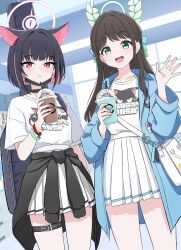 Rule 34 | 2girls, absurdres, airi (band) (blue archive), airi (blue archive), animal ears, bag, belt, black belt, black hair, black jacket, blue archive, blue jacket, blush, bracelet, brown hair, cat ears, cat girl, clothes around waist, colored inner animal ears, colored inner hair, commentary request, cup, disposable cup, extra ears, green halo, hair intakes, halo, hand up, hands up, highres, holding, holding cup, jacket, jacket around waist, jewelry, kazusa (band) (blue archive), kazusa (blue archive), long hair, long sleeves, looking at viewer, multicolored hair, multiple bracelets, multiple girls, nakaoka ramu, official alternate costume, open clothes, open jacket, open mouth, pink hair, pink halo, pleated skirt, print shirt, shirt, short hair, short sleeves, shoulder bag, skindentation, skirt, smile, thigh belt, thigh strap, thighs, waving, white bag, white shirt, white skirt