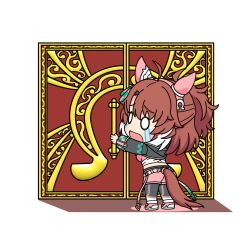 1girl ahoge animal_ears breasts brown_hair chibi commentary_request crying crying_with_eyes_open dantsu_flame_(umamusume) door full_body hair_ornament highres horse_ears horse_girl horse_tail open_mouth shorts solo standing tail tears umamusume white_background yurin35699515