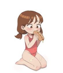 Rule 34 | 1girl, bare legs, barefoot, blush, brown eyes, brown hair, covered navel, eating, feet, female focus, food, food on body, food on legs, full body, holding, holding food, hot dog, long hair, low-tied long hair, one-piece swimsuit, original, qtkat, red one-piece swimsuit, seiza, short hair, short twintails, simple background, sitting, solo, solo focus, suggestive fluid, swimsuit, thighs, toes, twintails, white background