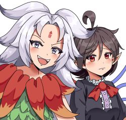 2girls ahoge black_dress black_hair blue_wings blush bow bowtie buttons center_frills closed_mouth commentary dress english_commentary forehead forehead_tattoo frills frown grey_hair highres houjuu_chimi houjuu_nue long_hair looking_at_viewer multiple_girls open_mouth pointy_ears praeto red_bow red_bowtie red_eyes red_wings short_hair short_sleeves simple_background smile touhou upper_body white_background wings