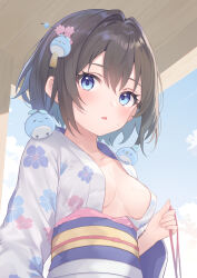 Rule 34 | 1girl, :o, animal, animal on shoulder, arisugawa riu, bird, blue eyes, blue hair, blue sash, blush, bob cut, breasts, breasts apart, brown hair, collarbone, colored inner hair, hair between eyes, highres, holding, japanese clothes, kimono, looking at viewer, medium breasts, multicolored hair, obi, open clothes, open kimono, open mouth, original, outdoors, rebun, sash, short hair, sweat, teeth, upper teeth only, v-shaped eyebrows, white kimono, yukata