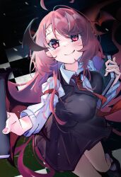 1girl absurdres black_skirt black_vest book breasts demon_girl diving_penguin head_wings highres koakuma large_breasts long_hair long_sleeves miniskirt necktie red_eyes red_hair red_necktie shirt skirt smile solo touhou vest white_shirt wings