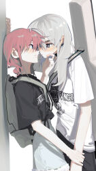 2girls absurdres black_choker black_pants black_shirt blue_eyes breasts brown_hair cheek_squash choker cleavage commentary earclip english_commentary eye_contact girls_band_cry grey_eyes grey_hair guitar_case hair_between_eyes highres instrument_case instrument_on_back iseri_nina kawaragi_momoka long_hair looking_at_another low_twintails multicolored_hair multiple_girls open_mouth pants roots_(hair) shirt short_hair short_sleeves short_twintails shorts twintails white_shirt white_shorts ydpfa yuri