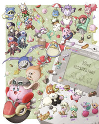 absurdres adeleine anniversary apple banana beret black_hair blonde_hair blue_eyes blue_hair blush_stickers bow bowtie brown_shoes bun_(kirby) burger cake cake_slice candy character_request chef_hat chuchu_(kirby) cone_mouth coo_(kirby) copyright_request crossed_arms curry curry_rice donut escargon flamberge_(kirby) flower food francisca_(kirby) fruit frying_pan fumu_(kirby) game_boy game_boy_(original) goggles goggles_on_headwear gooey_(kirby) hair_bow hair_over_eyes handheld_game_console hat heart highres holding holding_paintbrush holding_sword holding_weapon hot_dog ice_cream_cone invincible_candy kine_(kirby) king_dedede kirby kirby&#039;s_dream_land kirby&#039;s_dream_land_2 kirby&#039;s_dream_land_3 kirby:_planet_robobot kirby:_right_back_at_ya! kirby:_squeak_squad kirby_(series) kirby_64 kirby_air_ride kirby_and_the_forgotten_land kirby_star_allies kracko maxim_tomato meta_knight mr._bright mr._shine multiple_girls nago_(kirby) nightcap nintendo one_eye_closed onigiri open_mouth paintbrush pink_hair pitch_(kirby) purple_eyes red_bow red_bowtie red_hair ribbon_(kirby) rice rick_(kirby) shoes skirt strawberry_shortcake susie_(kirby) sword takumiya_boc tongue tongue_out waddle_dee waddle_doo watermelon watermelon_slice weapon wheelie_(kirby) wheelie_scooter wings zan_partizanne