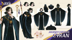 Rule 34 | 1boy, afk (series), afk journey, black eyes, black hair, black robe, blue gemstone, bowing, character name, circlet, closed mouth, commentary, copyright name, cyran (afk), english commentary, english text, facing away, flipped hair, gem, gold necklace, gold ring, hand on own chin, hands up, highres, holding, holding staff, jewelry, leaning forward, logo, long sleeves, mage staff, male focus, multiple rings, multiple views, necklace, official art, parted bangs, profile, purple gemstone, red gemstone, reference sheet, ring, robe, short hair, smile, staff, wide sleeves
