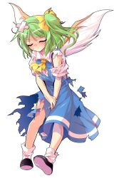 1girl alphes_(style) ascot bandage_on_hair bandaid bandaid_on_head between_legs blue_dress blush closed_eyes commentary_request dairi daiyousei defeat dress full_body green_hair hand_between_legs have_to_pee large_variant_set parody shirt short_hair side_ponytail socks solo style_parody sweatdrop tachi-e tears torn_clothes torn_dress torn_shirt torn_sleeves torn_socks touhou transparent_background variant_set white_socks wings yellow_ascot