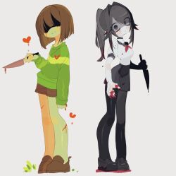 1girl 1other arm_at_side ayano_aishi back-to-back bare_legs black_eyes black_hair black_pantyhose black_sailor_collar black_shoes black_skirt blood blood_in_hair blood_on_clothes blood_on_face blood_on_hands blood_on_shoes blunt_ends blush bob_cut breasts brown_hair brown_shoes brown_shorts chara_(undertale) closed_mouth colored_skin commentary deformed dress empty_eyes eyes_visible_through_hair full_body green_shirt grey_background hair_intakes hair_over_one_eye head_tilt heart high-waist_skirt high_ponytail highres holding holding_knife injury inverted_bob knife legs_together loafers long_hair long_sleeves looking_at_viewer medium_breasts miniskirt neckerchief no_eyes no_pupils pantyhose pigeon-toed pleated_dress ponytail puffy_long_sleeves puffy_short_sleeves puffy_sleeves red_neckerchief sailor_collar school_uniform shaded_face shirt shirt_tucked_in shoes short_hair short_shorts short_sleeves shorts simple_background skirt smile standing striped_clothes striped_shirt symbol-only_commentary two-tone_shirt undertale usa37107692 weapon_connection white_shirt white_skin wide-eyed yandere_simulator yellow_shirt yellow_skin