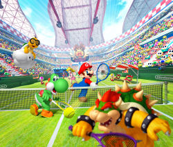 1girl absurdres audience ball blonde_hair blue_eyes cloud copyright_name creature crown dress facial_hair gloves highres koopa_troopa lakitu long_hair mario mario_(series) mario_tennis mario_tennis_open motion_lines multiple_boys mustache nintendo official_art pink_dress playing_sports princess princess_peach short_dress short_hair shy_guy sky stadium super_mario_bros._1 tennis tennis_ball toad_(mario) yoshi