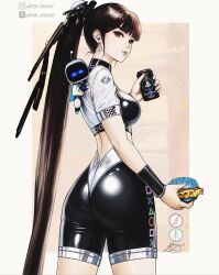 1girl alternate_costume arte_frond ass astro_bot_(series) back black_hair breasts can drink_can earrings eve_(stellar_blade) game_console headphones highres jewelry long_hair looking_back playstation_5 playstation_logo playstation_symbols ponytail product_placement robot smile soda_can solo stellar_blade very_long_hair