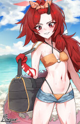 1girl absurdres bangs_pinned_back beach bikini bikini_under_shorts blue_archive blue_sky breasts commentary day denim denim_shorts dragon_girl dragon_horn dragon_tail english_commentary forehead hairband highres horns long_hair looking_at_viewer navel o-ring o-ring_bikini ocean official_alternate_costume open_clothes open_shorts orange_hairband outdoors poopman red_eyes red_hair red_tail renge_(blue_archive) renge_(swimsuit)_(blue_archive) shorts single_horn sky small_breasts swimsuit tail very_long_hair yellow_bikini