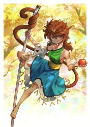 Rule 34 | 1girl, apple, bare shoulders, barefoot, blue dress, breasts, brown eyes, brown hair, detached sleeves, dress, food, fruit, full body, gold tiara, green dress, highres, holding, holding food, holding fruit, looking at viewer, monkey girl, monkey tail, multicolored dress, short twintails, sideboob, single detached sleeve, small breasts, smile, solo, son biten, suteruko, tail, test tube, tiara, touhou, tree, twintails, yellow dress