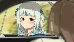 2girls absurdres azura_(azuart0) blue_eyes blue_hair blue_hoodie blunt_bangs blurry blurry_background blurry_foreground brown_hair car closed_mouth commentary depth_of_field driving english_commentary fang fast_&amp;_furious fast_&amp;_furious furious_7 gawr_gura gawr_gura_(1st_costume) grey_hair hair_ornament highres hololive hololive_english hood hoodie looking_at_another medium_hair motion_blur motor_vehicle multicolored_hair multiple_girls nanashi_mumei nanashi_mumei_(1st_costume) shark_hair_ornament shirt skin_fang solo_focus streaked_hair the_last_ride_(furious_7) two_side_up virtual_youtuber white_shirt
