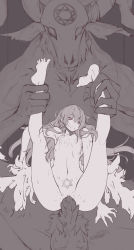 1girl angel angel_wings baphomet_(mythology) barefoot bestiality breasts clitoris demon empty_eyes feet held_up hexagram highres interspecies large_insertion monochrome monster nipples nude original penis pubic_tattoo pussy rape reverse_cowgirl_position sex sex_from_behind size_difference small_breasts solo_focus spiked_penis star_of_david straddling tattoo throne vaginal wings zutta