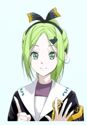 1girl 22/7 aqua_background black_hairband black_shirt bow bow_hairband closed_mouth finger_counting green_eyes green_hair hair_bow hair_ornament hairband hairclip half_updo high_ponytail highres index_finger_raised kiryu_touko matsubokkurin227 multicolored_bow open_hand palms parted_bangs ponytail portrait sailor_collar shirt simple_background solo white_sailor_collar