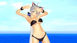 1girl 3d animal_ears beach bikini breasts cat_ears cosplay female_focus highres long_hair ocean red_eyes silver_hair solo swimsuit vocaloid water yowane_haku