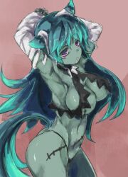 1girl breasts cleavage colored_skin expressionless green_skin large_breasts tagme tail yohane