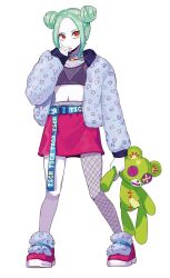 1girl belt coat colored_skin double_bun green_hair hair_bun highres jewelry long_hair looking_at_viewer navel necklace original puppeteer7777 red_eyes shirt shoes simple_background skirt solo stomach stuffed_animal stuffed_toy teddy_bear toy white_skin