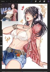 1girl belt bikini black_hair blue_shorts bow breasts brown_eyes cosplay denim denim_shorts hand_on_own_chest highres iori_utahime jewelry jujutsu_kaisen kwon_eun-bi kwon_eun-bi_(cosplay) large_breasts lipstick long_hair makeup navel open_clothes open_mouth open_shirt photo-referenced qeanoya red_shirt scar scar_on_face shirt shorts solo swimsuit white_bikini white_bow