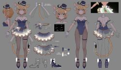 Rule 34 | 1girl, ahoge, animal ears, blonde hair, bow, bowtie, breasts, cleavage, closed mouth, cropped torso, dooby (vtuber), english text, fishnet pantyhose, fishnets, full body, gloves, green eyes, grey background, hairband, happy (yppah1060), hat, high heels, highres, indie virtual youtuber, leotard, mini hat, mini top hat, multiple views, pantyhose, photo inset, short hair, simple background, skirt, smile, straight-on, strapless, strapless leotard, striped clothes, striped leotard, tail, top hat, vertical-striped clothes, vertical-striped leotard, virtual youtuber, white gloves