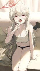 1girl absurdres arm_at_side bare_arms bare_legs bat_wings black_panties black_wings blanket blue_archive breasts brown_hair brown_sports_bra choppy_bangs cleavage collarbone commentary_request couch curtains eyelashes from_above hair_between_eyes halo hand_up haruna_(blue_archive) highres indoors large_breasts long_bangs long_hair looking_at_viewer looking_up navel no_pants on_couch open_mouth panties re_naya red_eyes red_halo single_wing sitting solo sports_bra stomach straight_hair sunlight teeth underwear underwear_only upper_teeth_only v v_over_mouth wings