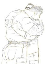 Rule 34 | 2boys, arm hair, ass, bara, billy russell (dickfish), couple, denim, dickfish (fishismdick), facial hair, feet out of frame, from side, graphite (medium), highres, hug, jeans, john rottweil (dickfish), male focus, mature male, multiple boys, muscular, muscular male, mustache, mutual hug, original, pants, shirt tucked in, short hair, sideburns, sketch, standing, thick eyebrows, traditional media, yaoi