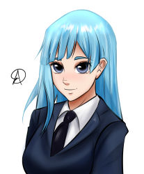 1girl absurdres almualim blue_eyes blue_hair blush formal_clothes highres jujutsu_kaisen long_hair looking_at_viewer miwa_kasumi pale_skin portrait self-upload smile suit tuxedo