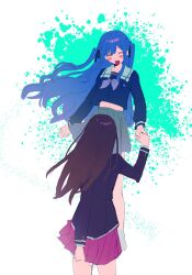 Rule 34 | 2girls, bang dream!, bang dream! it&#039;s mygo!!!!!, birthday1730225, black jacket, blue hair, blue shirt, brown hair, closed eyes, commentary, grey neckerchief, grey skirt, haneoka school uniform, hashtag-only commentary, highres, holding hands, jacket, long hair, long sleeves, midriff, multiple girls, navel, neckerchief, open mouth, pleated skirt, purple skirt, school uniform, shiina taki, shirt, sidelocks, skirt, togawa sakiko, tsukinomori school uniform