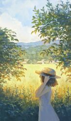 1girl bare_shoulders brown_hair day dress feet_out_of_frame field fjsmu hat highres holding holding_unworn_clothes holding_unworn_hat looking_ahead nature original outdoors power_lines scenery short_hair solo sundress unworn_hat unworn_headwear wheat_field white_dress