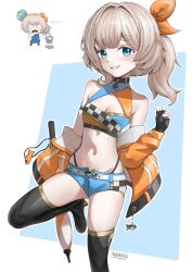 Rule 34 | 1girl, 1nnards, black boots, black gloves, blue eyes, blue shorts, blush, boots, bow, breasts, cleavage, cleavage cutout, clothing cutout, crown, fingerless gloves, gloves, grey hair, hair bow, highres, jacket, marimari (vtuber), mini crown, navel, open clothes, open jacket, orange bow, orange jacket, phase connect, race queen, short shorts, shorts, smile, solo, stomach, thigh boots, umbrella, virtual youtuber