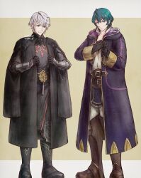 2boys alternate_costume armor armored_gloves black_armor black_boots black_cape black_gloves black_robe blue_eyes boots brown_boots brown_eyes cape closed_mouth commentary_request cosplay costume_switch fire_emblem fire_emblem:_three_houses full_body gloves green_hair highres hooded_robe knee_boots long_sleeves looking_at_viewer male_byleth_(fire_emblem) male_byleth_(fire_emblem)_(cosplay) male_focus male_robin_(fire_emblem) male_robin_(fire_emblem)_(cosplay) multiple_boys nintendo open_clothes open_robe pants robe short_hair smile standing tohka_sd white_hair white_pants