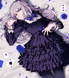 1girl ace_(playing_card) ace_of_clubs ace_of_diamonds ace_of_hearts ace_of_spades artist_name bed_sheet black_bow black_dress black_eyes black_nails black_pantyhose blue_bow blue_bowtie blue_flower blue_petals blue_pupils blue_rose bow bowtie breasts bright_pupils buttons card center_frills closed_mouth club_(shape) collared_shirt commentary cowboy_shot diamond_(shape) dress earrings expressionless film_grain flower frilled_dress frills from_below frown grey_hair hair_between_eyes hair_spread_out hand_on_own_stomach hand_up heart highres jewelry long_hair long_sleeves looking_at_viewer lying myka_(par0llel) nail_polish on_back on_bed original pantyhose par0llel playing_card rose shadow shirt short_dress sleeve_bow small_breasts solo spade_(shape) straight_hair striped_bow striped_bowtie striped_clothes tusks white_shirt